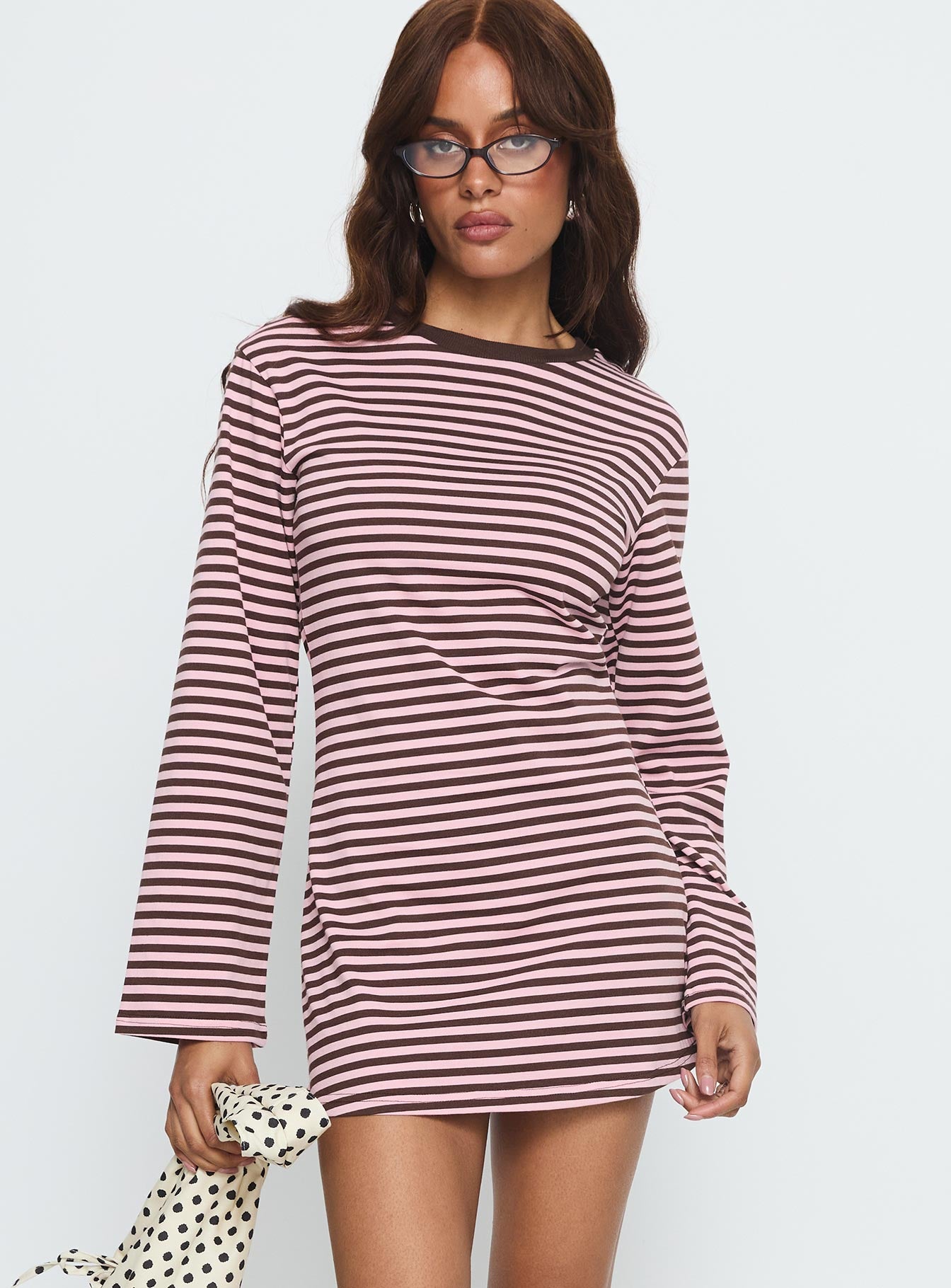 Lulolah Long Sleeve Mini Dress Chocolate  Pink Stripe