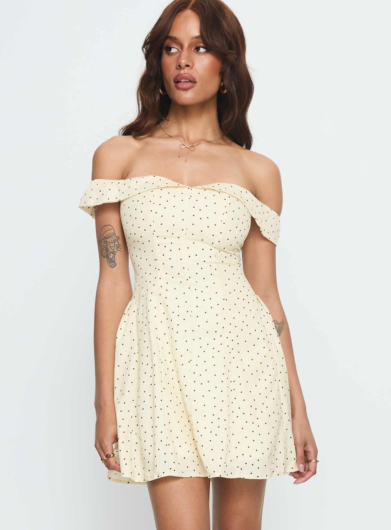 Rosebud Off The Shoulder Mini Dress Yellow  Polka Dot