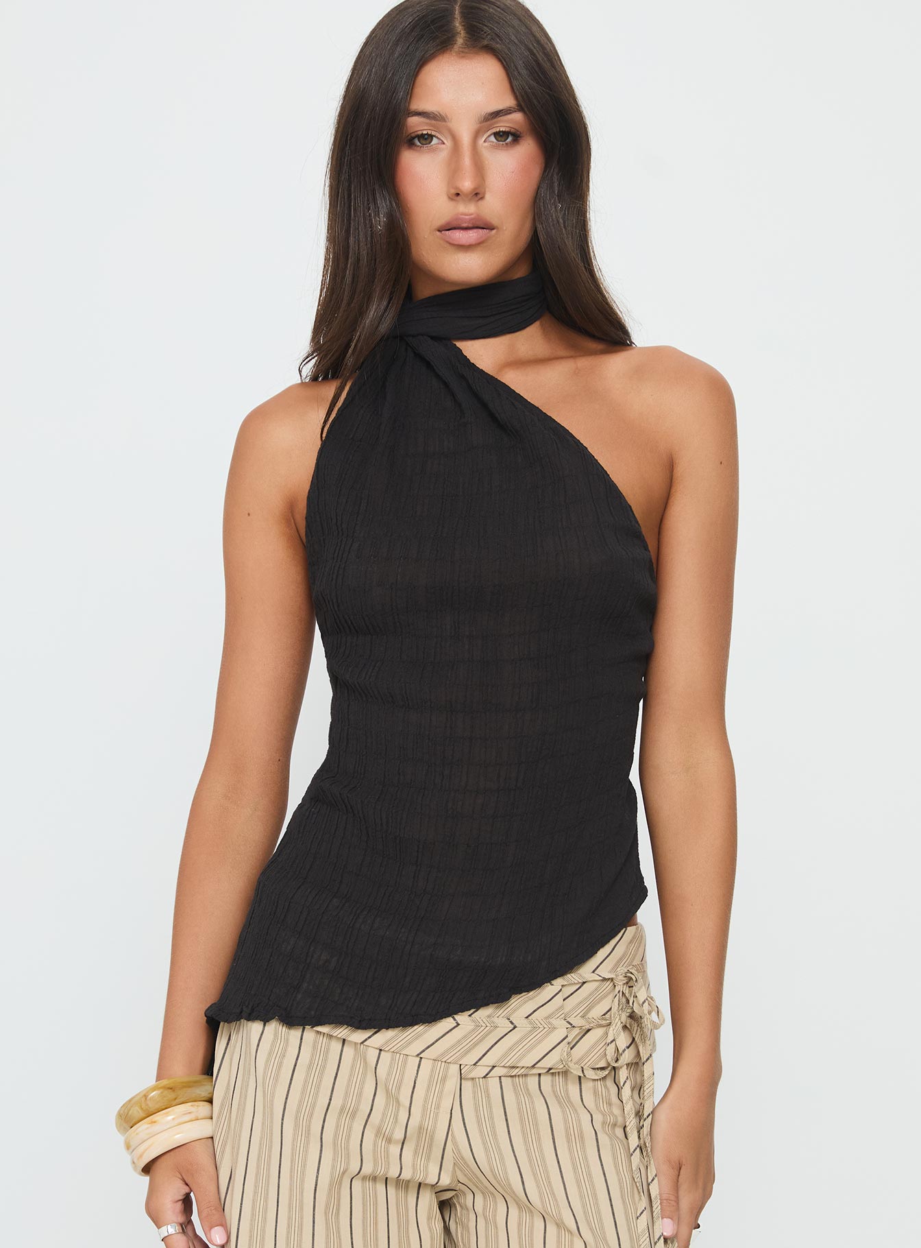 Yaleina One Shoulder Tie Scarf Top Black - Image 2