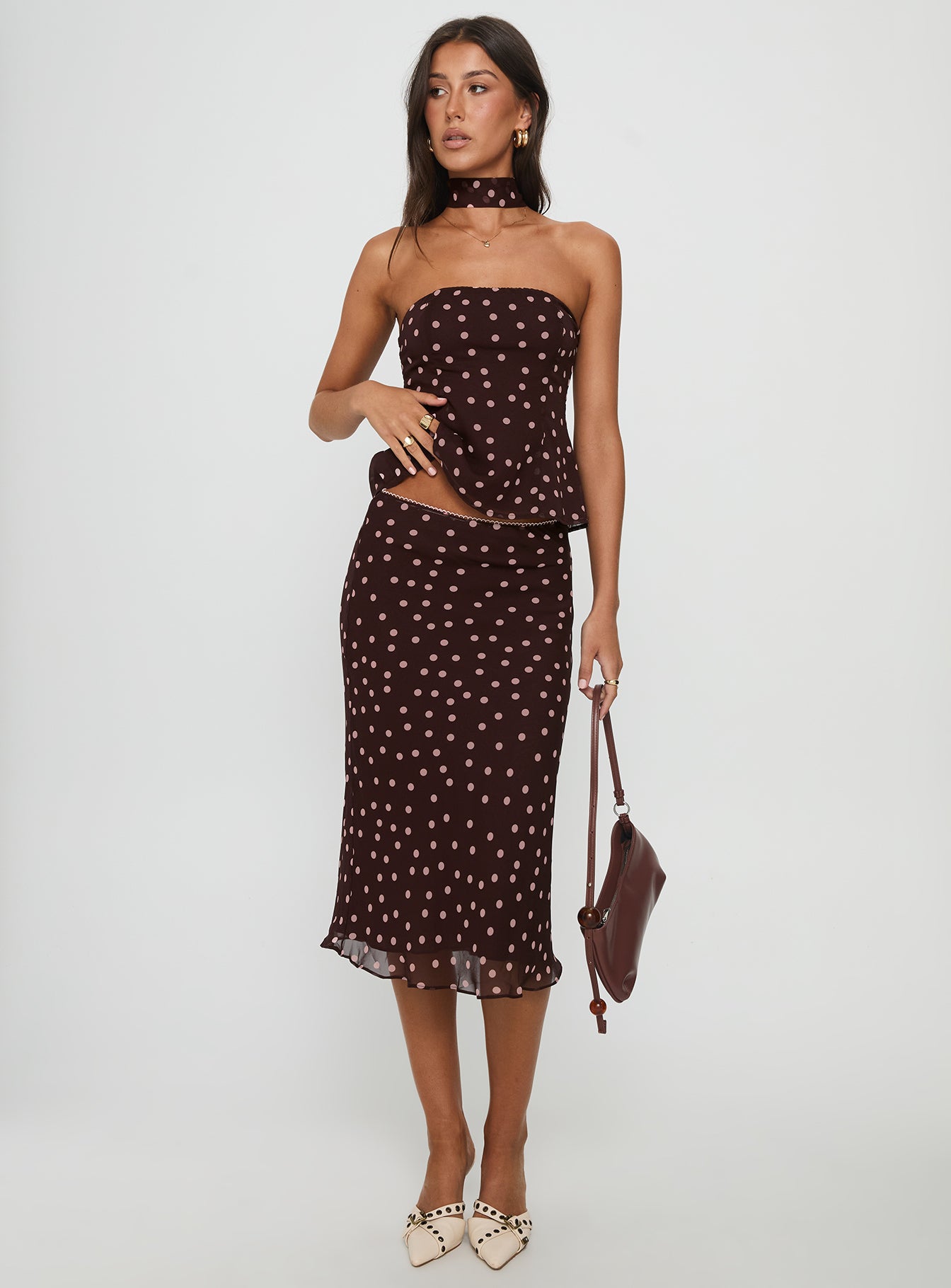 Sydni Midi Bias Cut Skirt Chocolate Pink Polka - Image 2