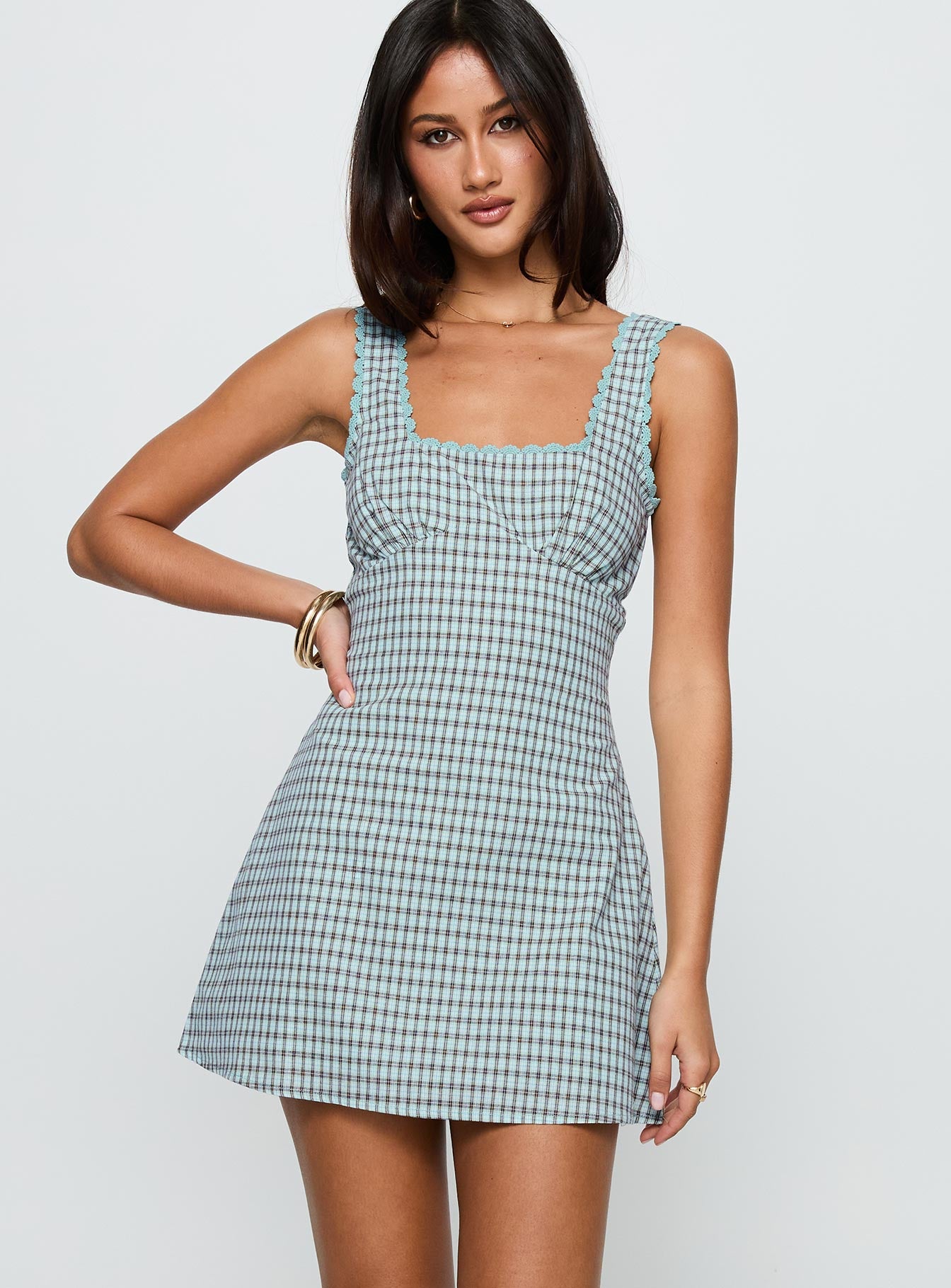Dasha Mini Dress Blue Brown Check - Image 2