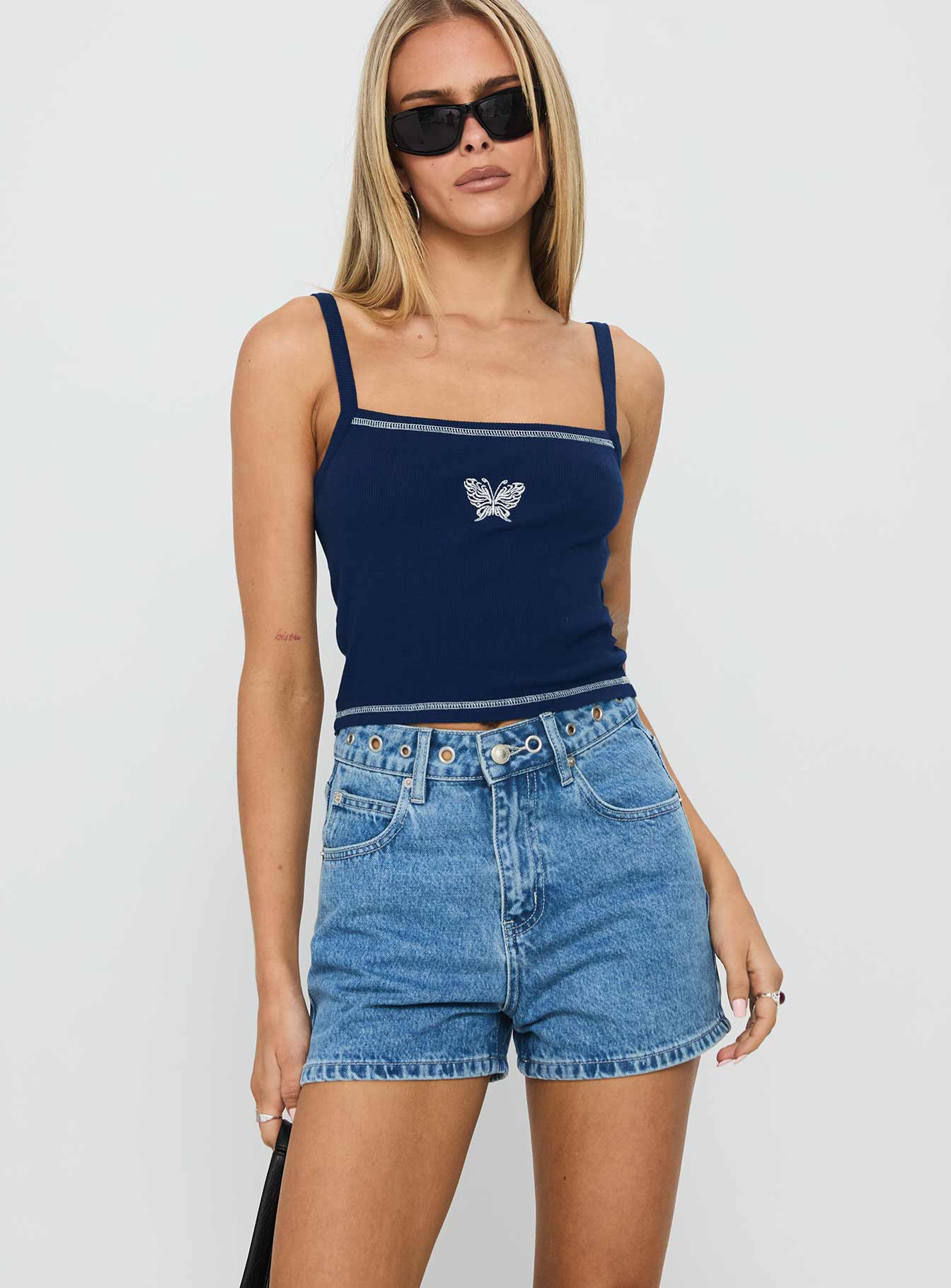 Tropicana Denim Eyelet Detail Shorts Mid Blue - Image 2
