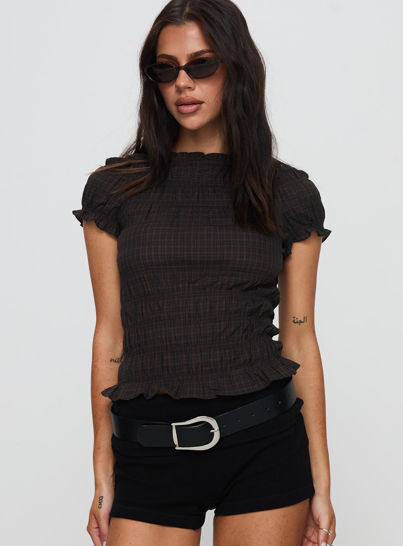 Romelle Shirred Top Black Brown Plaid - Image 2