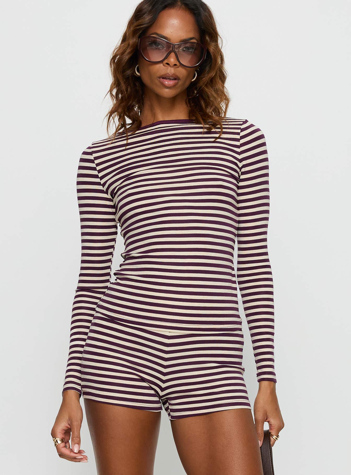 Caprise Wide Neck Long Sleeve Top Purple Stripe - Image 2