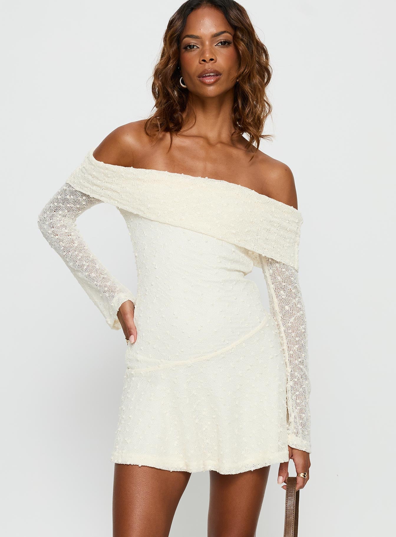 Ivee Off Shoulder Long Sleeve Mini Dress Cream - Image 2