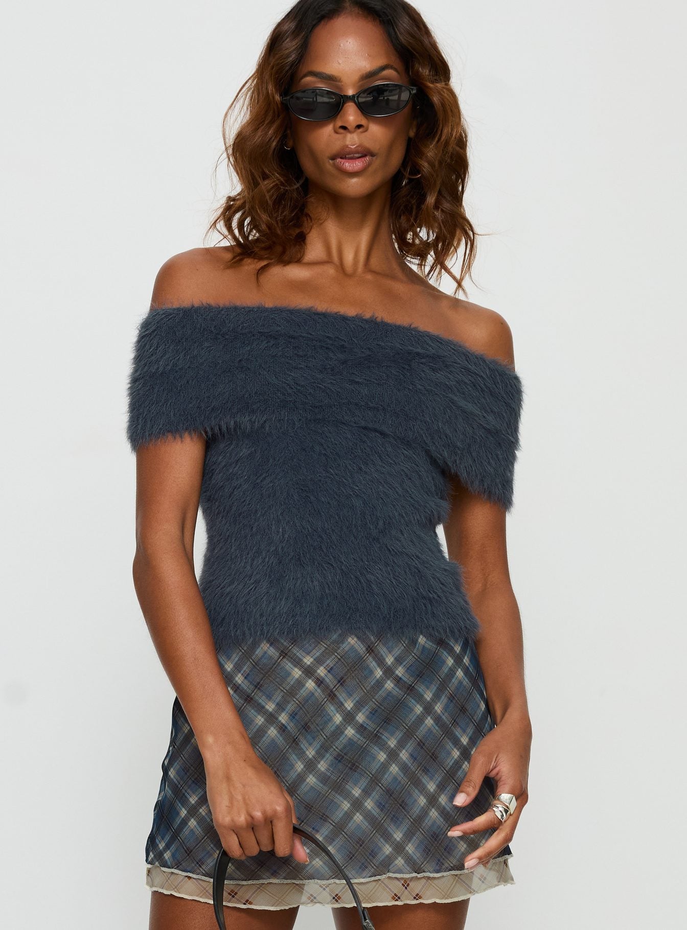 Wrylie Off Shoulder Fluffy Top Charcoal - Image 2