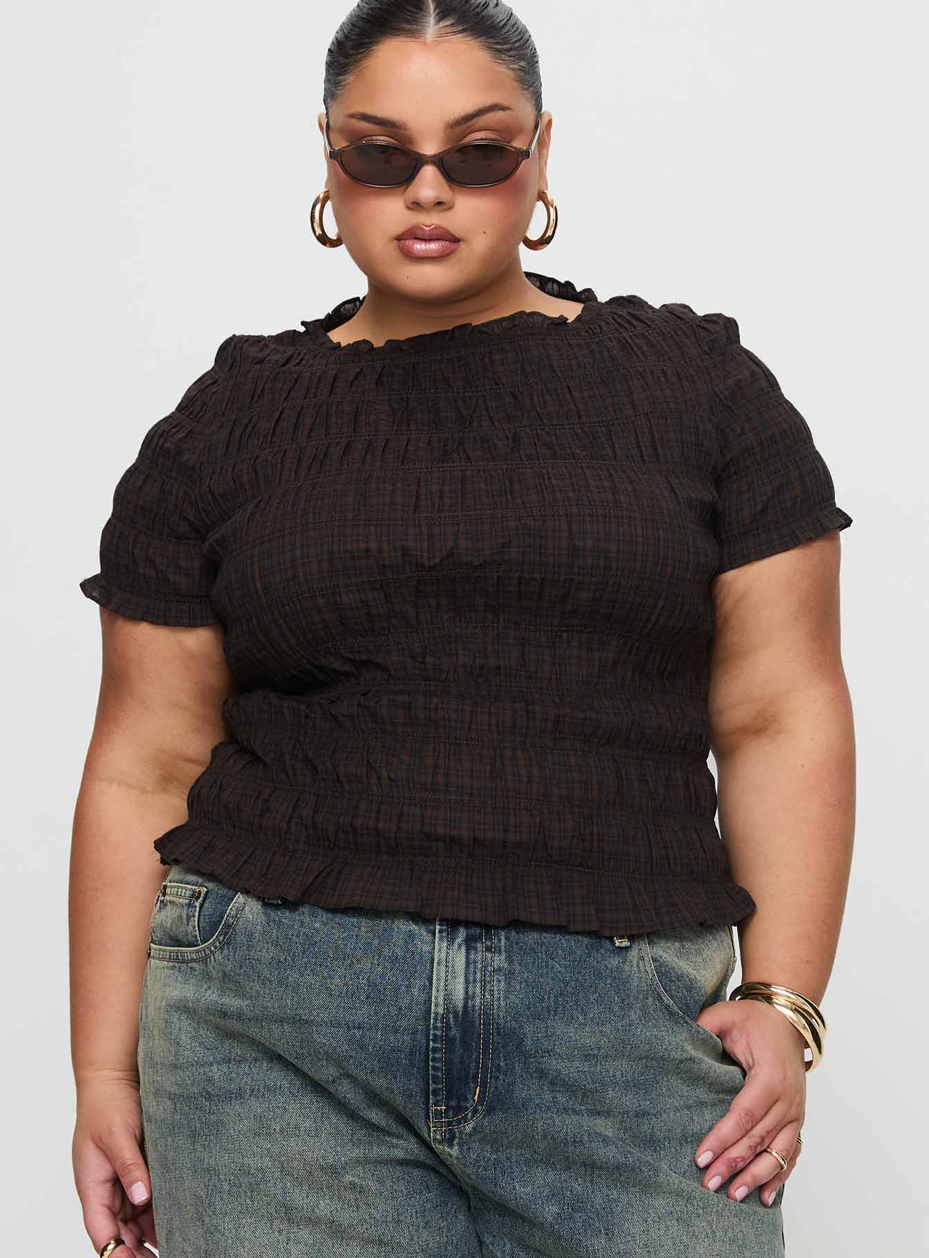 Romelle Shirred Top Black Brown Plaid - Image 8