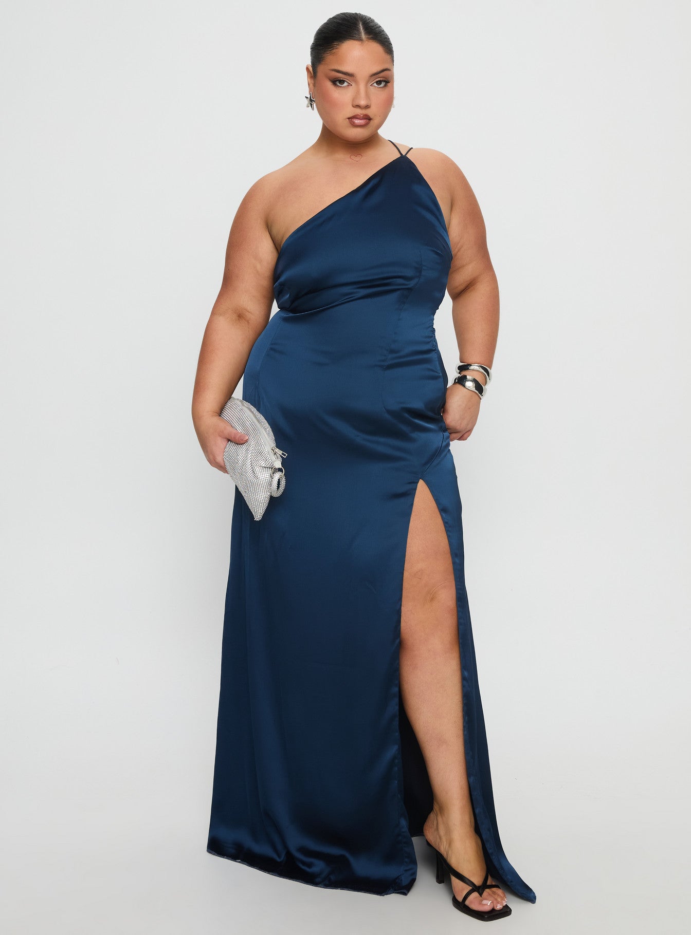 Kiss Of Life Satin Maxi Dress Navy Curve - Image 2
