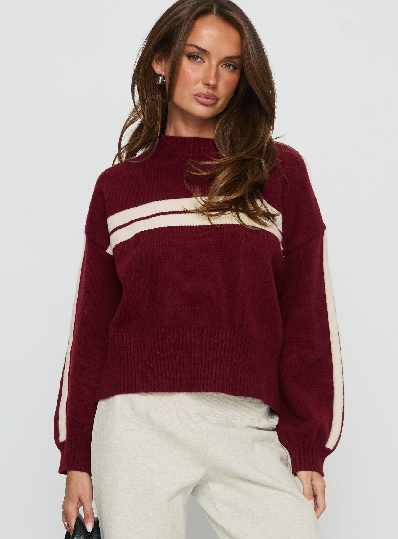 Catherin Crew Neck Knit Sweater Red  White