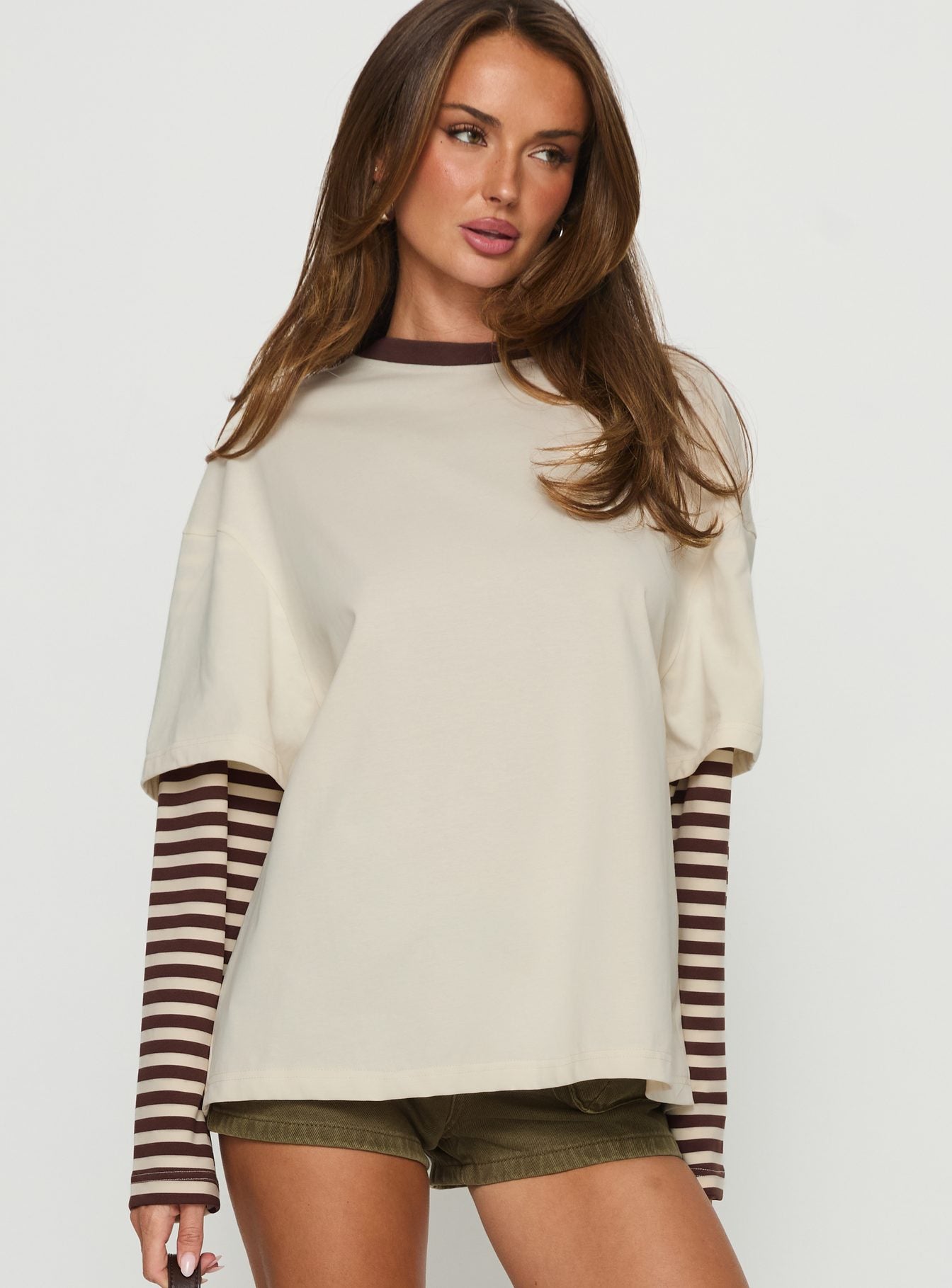 Ryann Long Sleeve Layered Top Cream Brown Stripe - Image 2