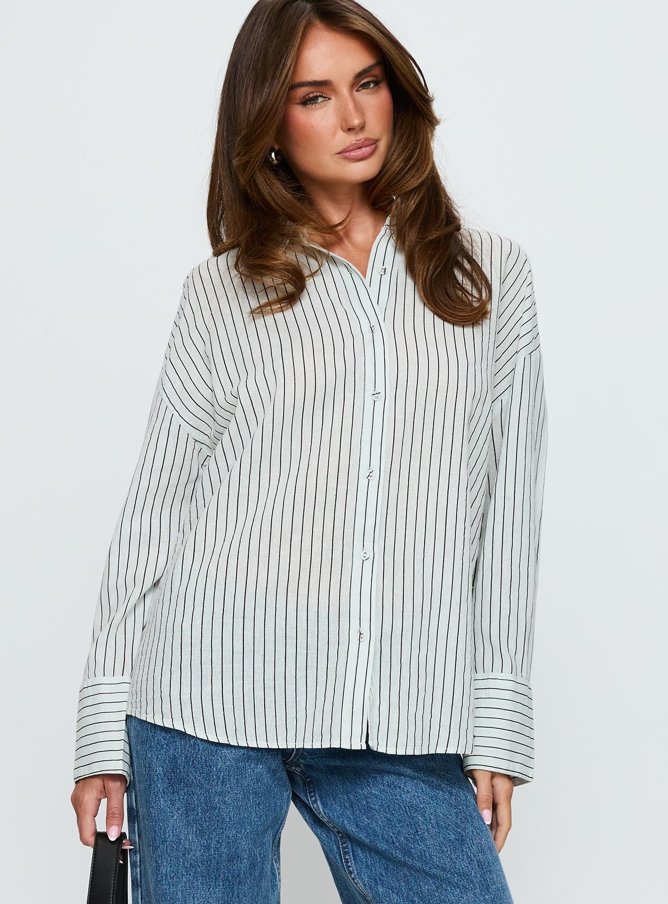 Alexi Long Sleeve Button Down Top Blue  Brown Stripe