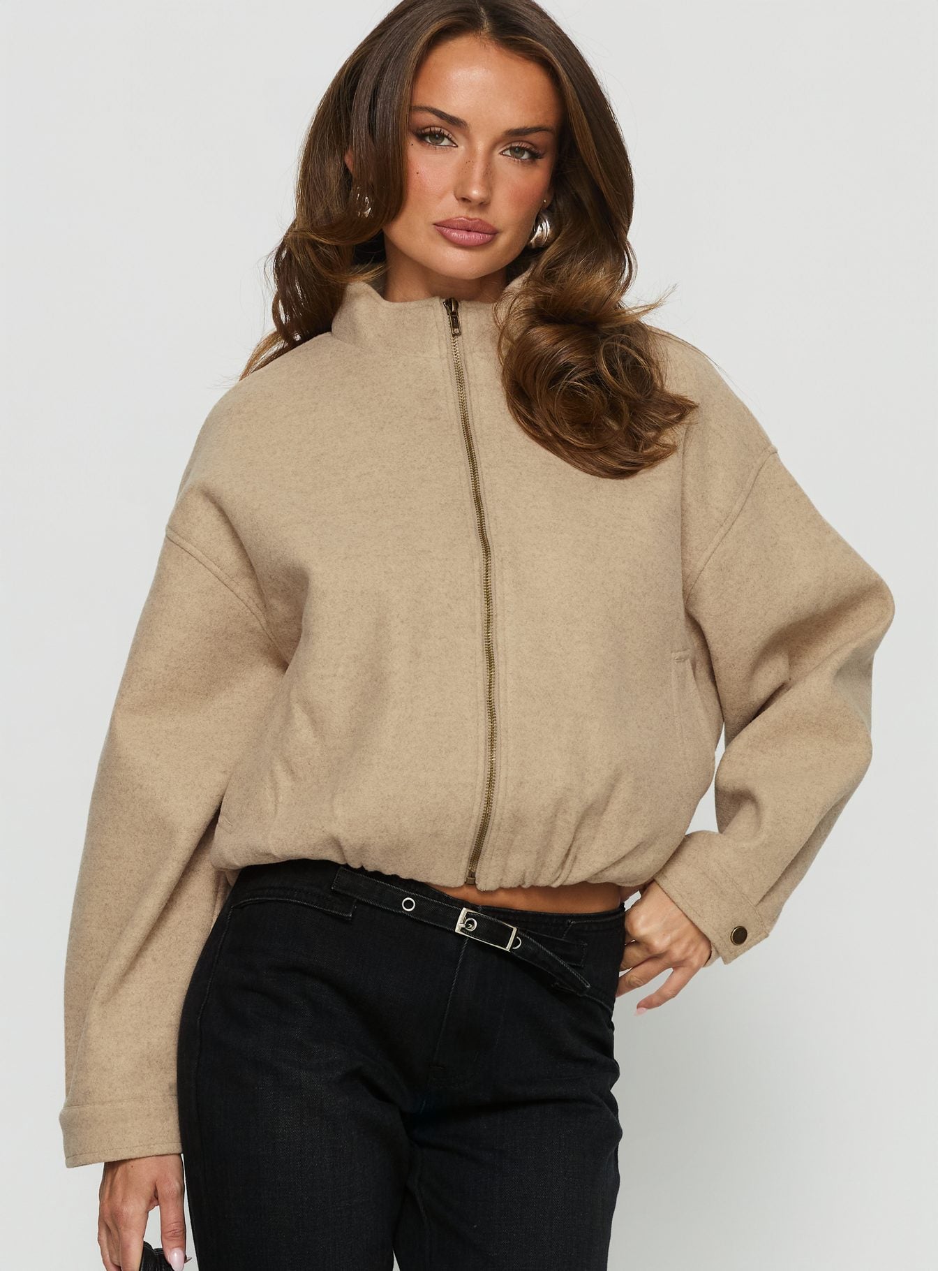 Chayden Cropped Bomber Jacket Beige - Image 7