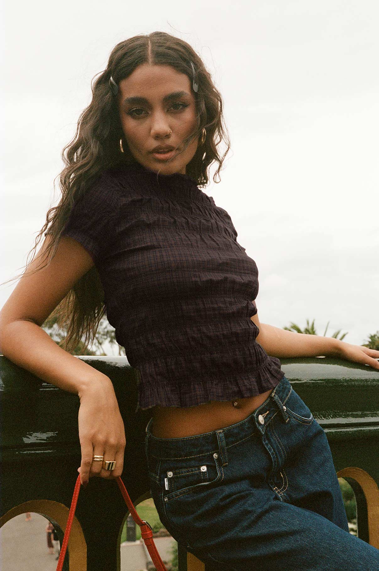 Romelle Shirred Top Black Brown Plaid - Image 13