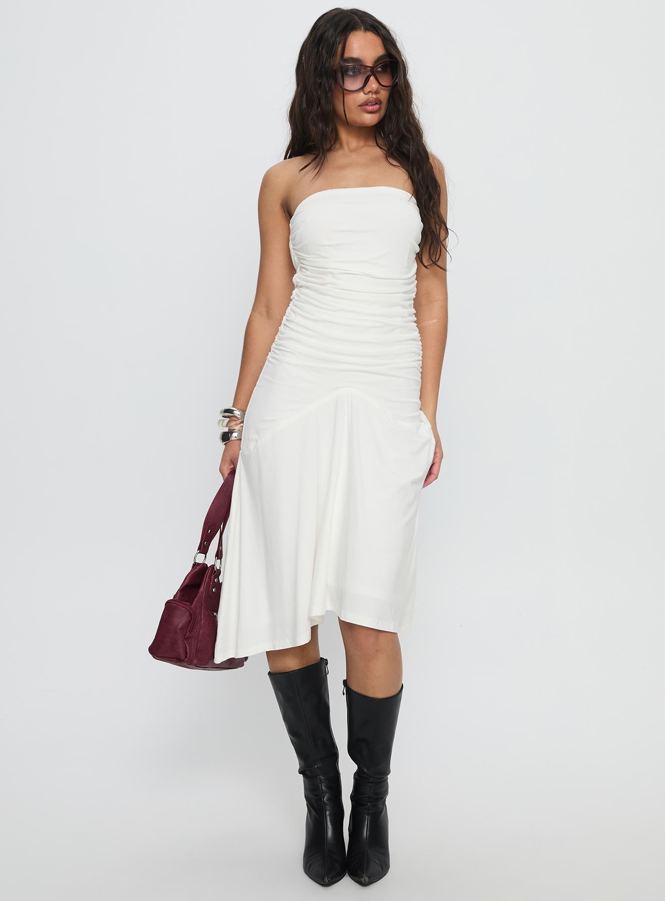 Rienna Strapless Asymmetrical Midi Dress White - Image 2
