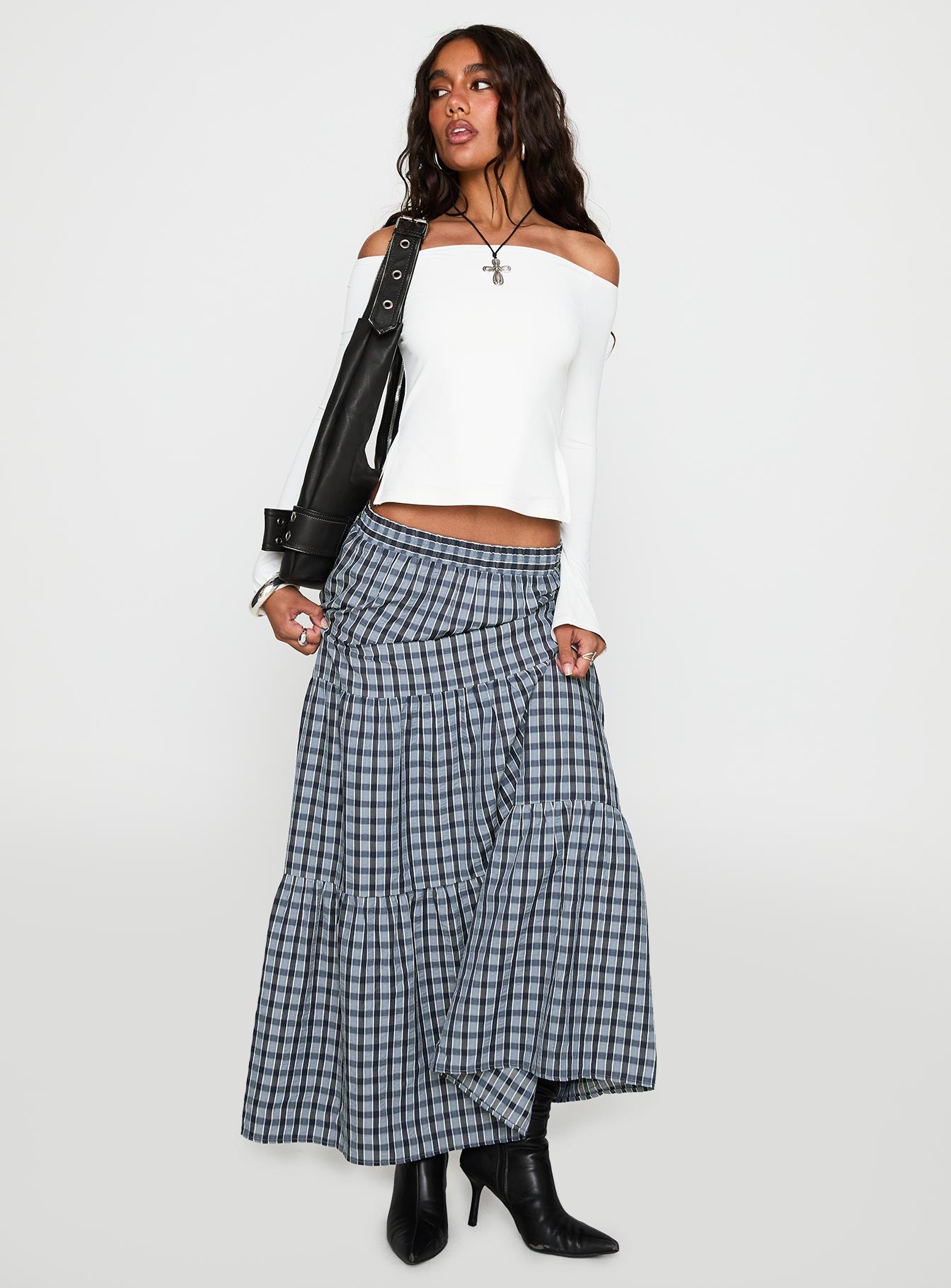 Rockwell Tiered Midi Skirt Navy Check - Image 2