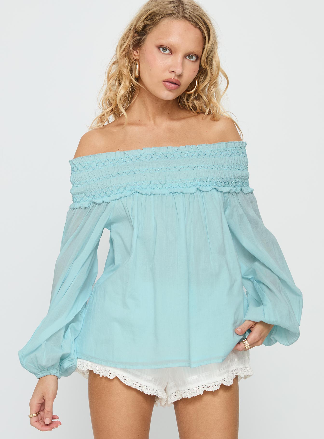 Heidy Off Shoulder Shirred Long Sleeve Top Blue - Image 2
