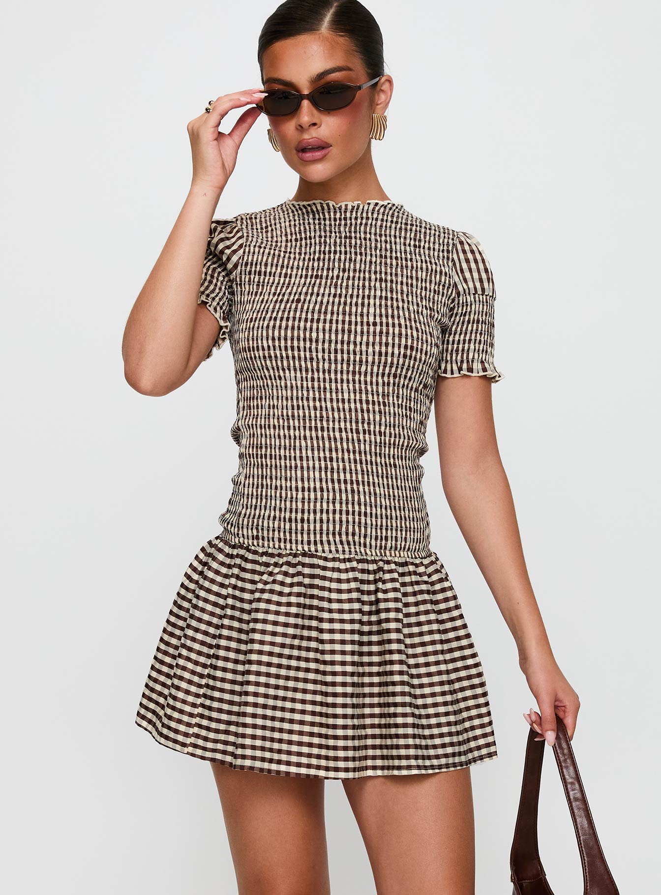 Laurita Shirred Mini Dress Brown Check - Image 2