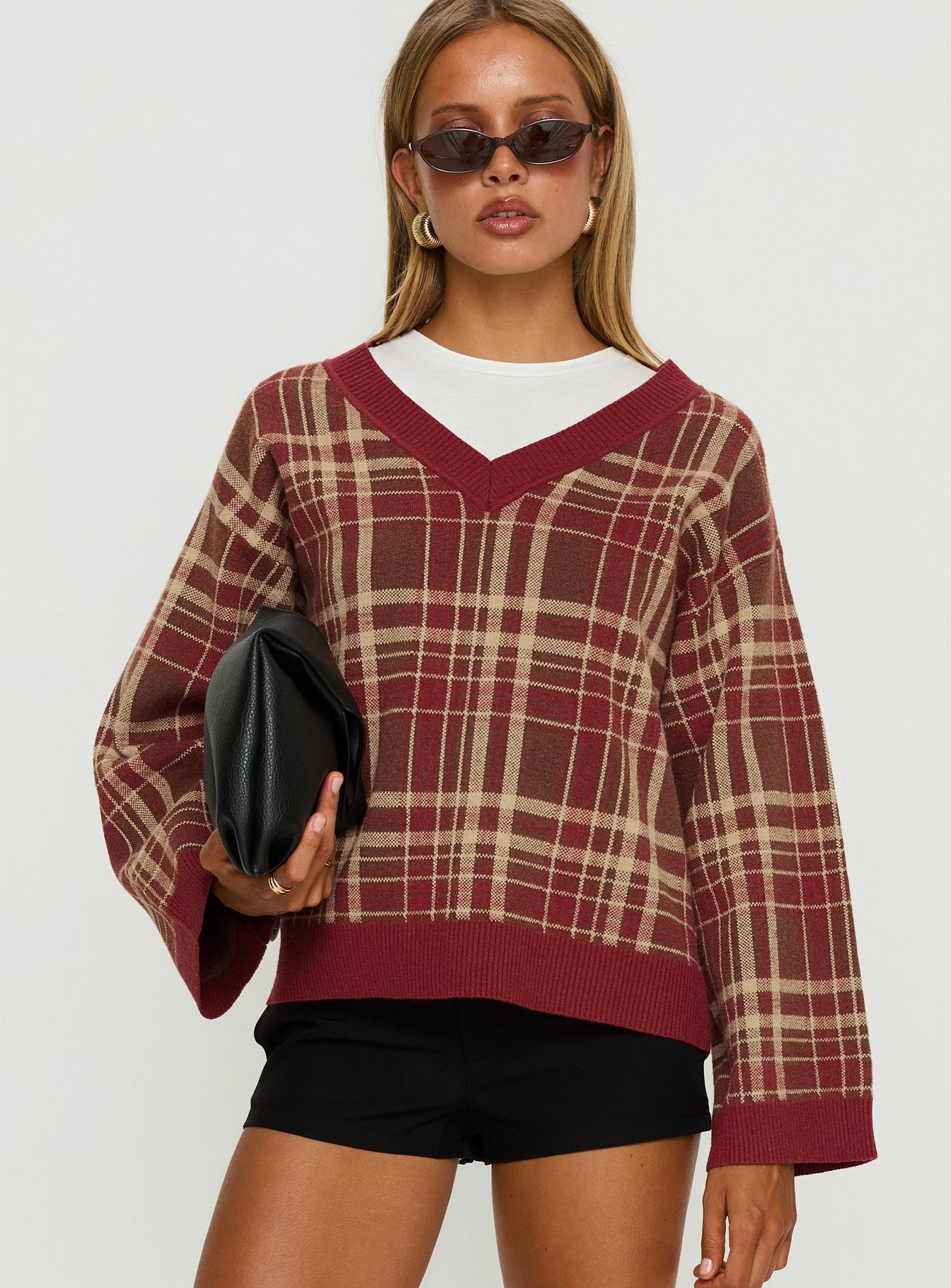 Sydda V Neck Knit Sweater Red Plaid - Image 2