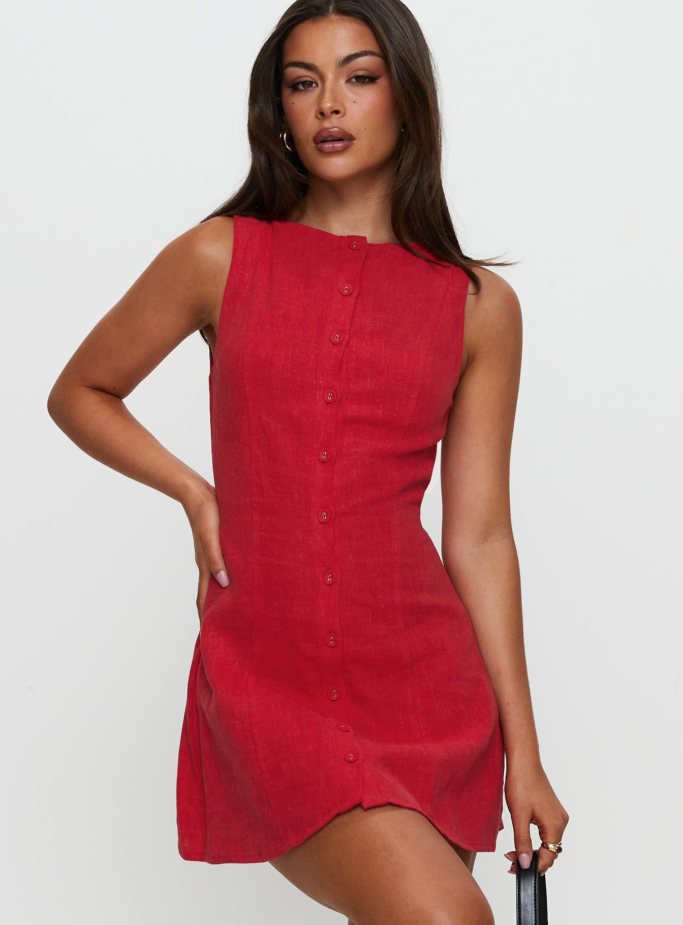 Dollie Linen Mini Dress Red - Image 2