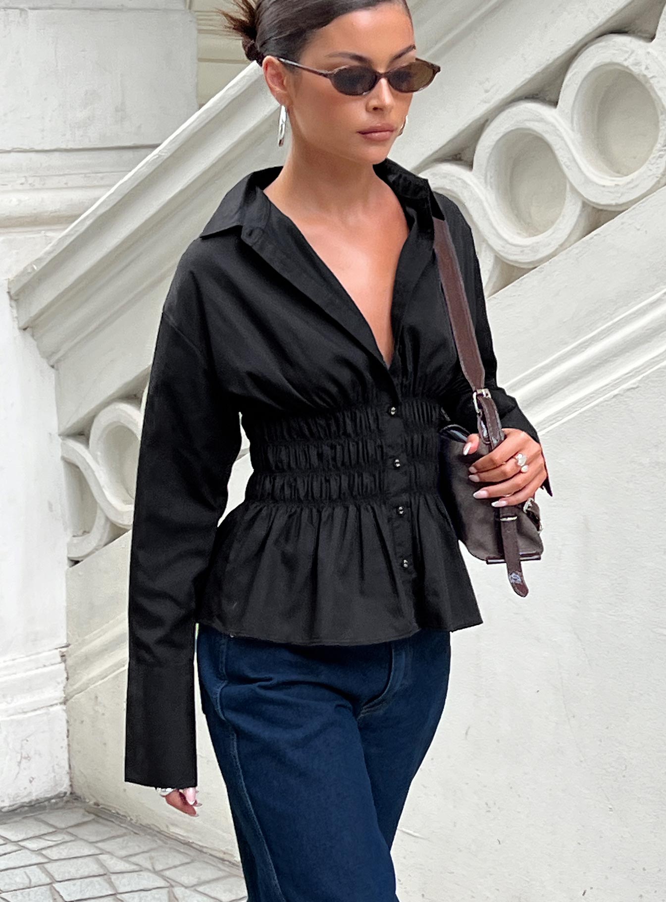 As You Are Shirred Button Up Top Black - Image 2