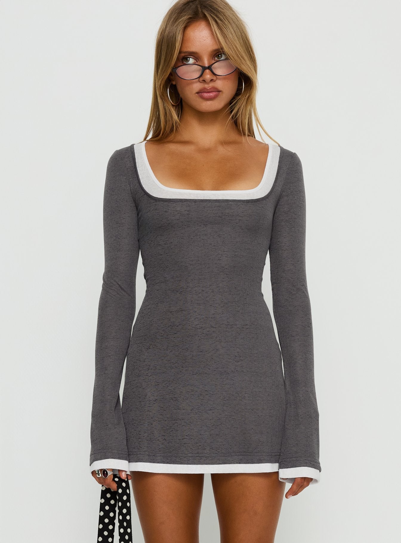 Adoree Long Sleeve Layered Mini Dress Grey White - Image 2