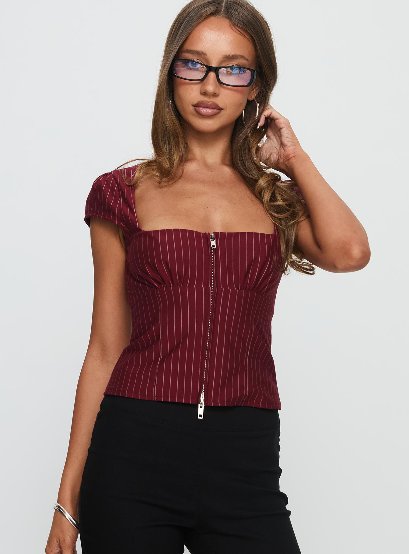 Santa Cruz Zip Through Top Burgundy Pinstripe - Image 2