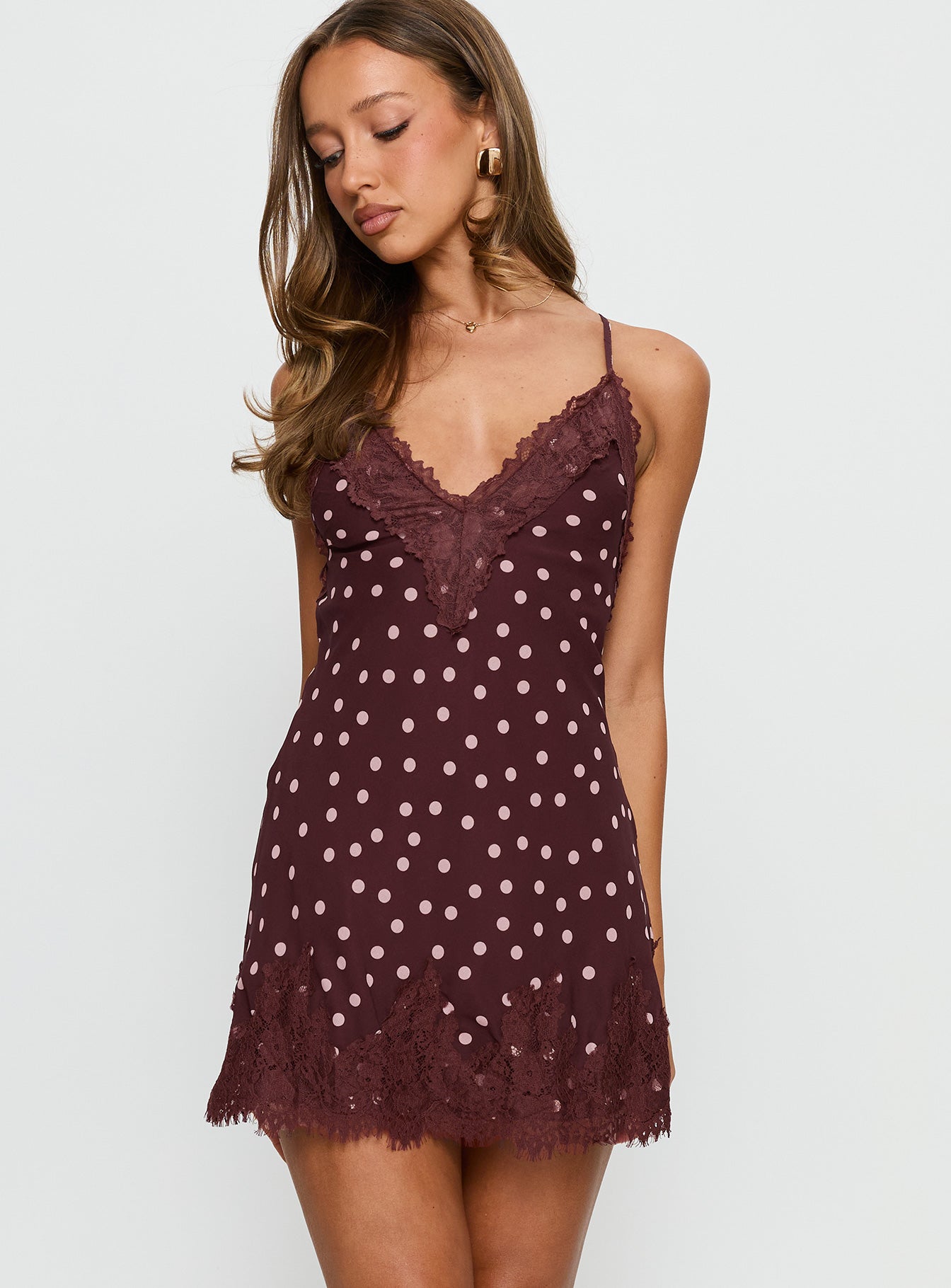 Call My Lover Lace Slip Mini Dress Brown Polka - Image 2