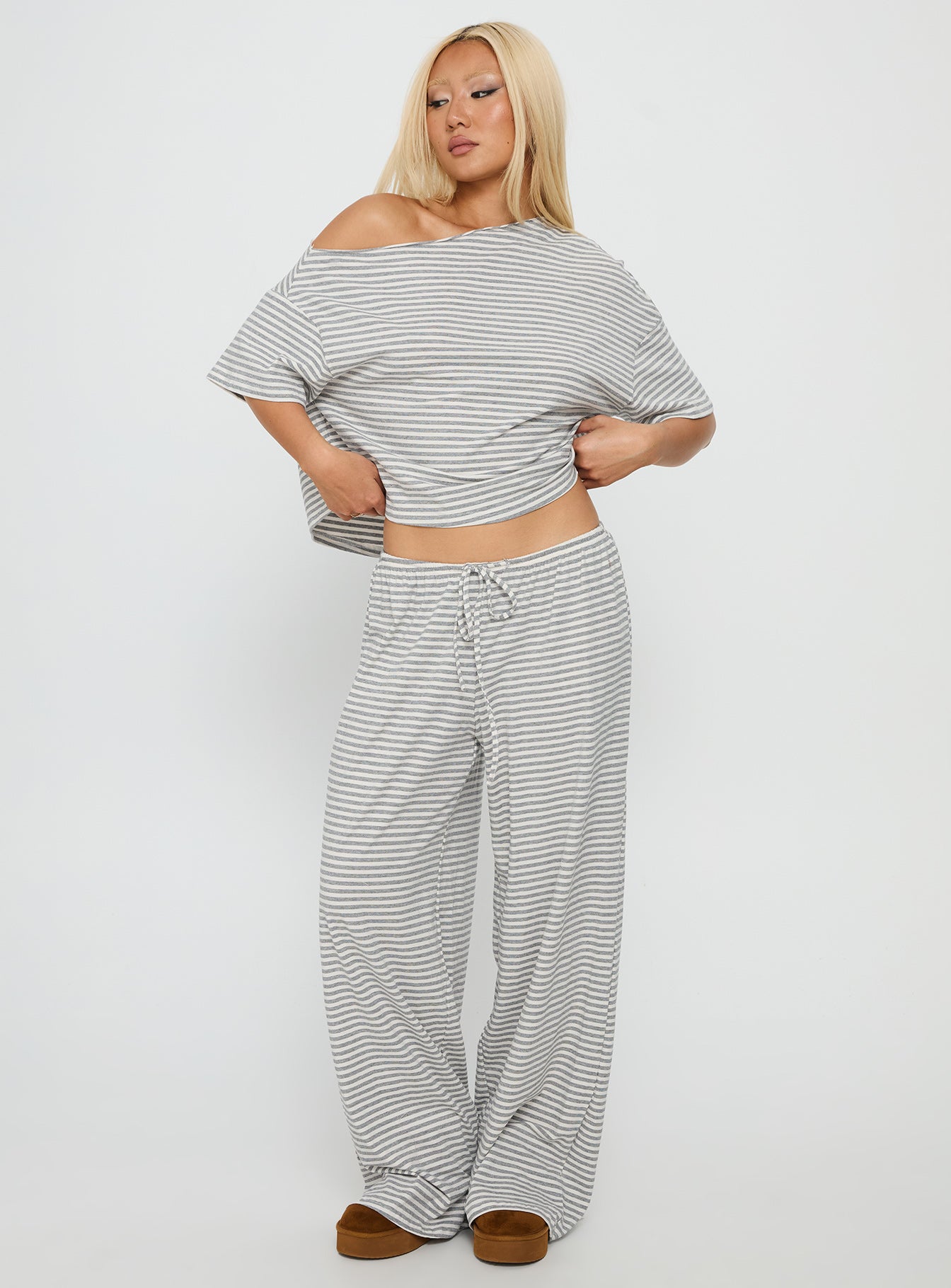 Tobie Off Shoulder Sleep Set Grey Stripe - Image 2