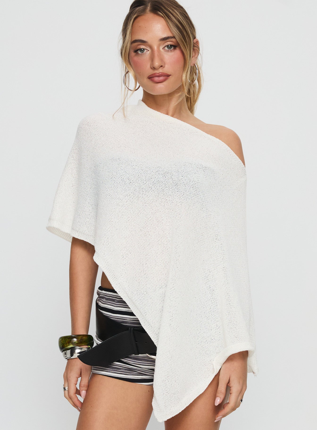 Rouse Off Shoulder Knit Poncho White - Image 2