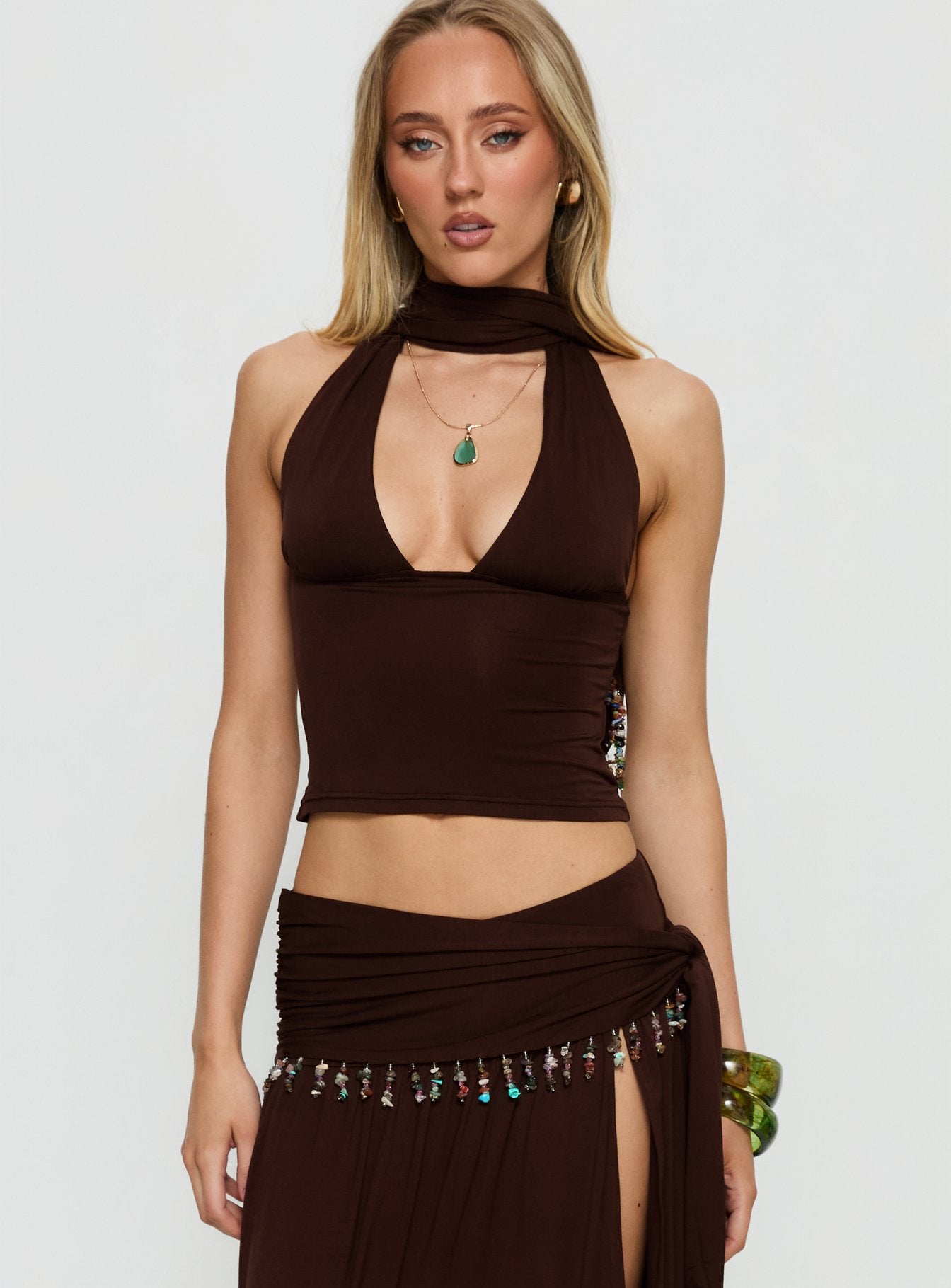 Spirita Beaded Halter Top Brown - Image 2
