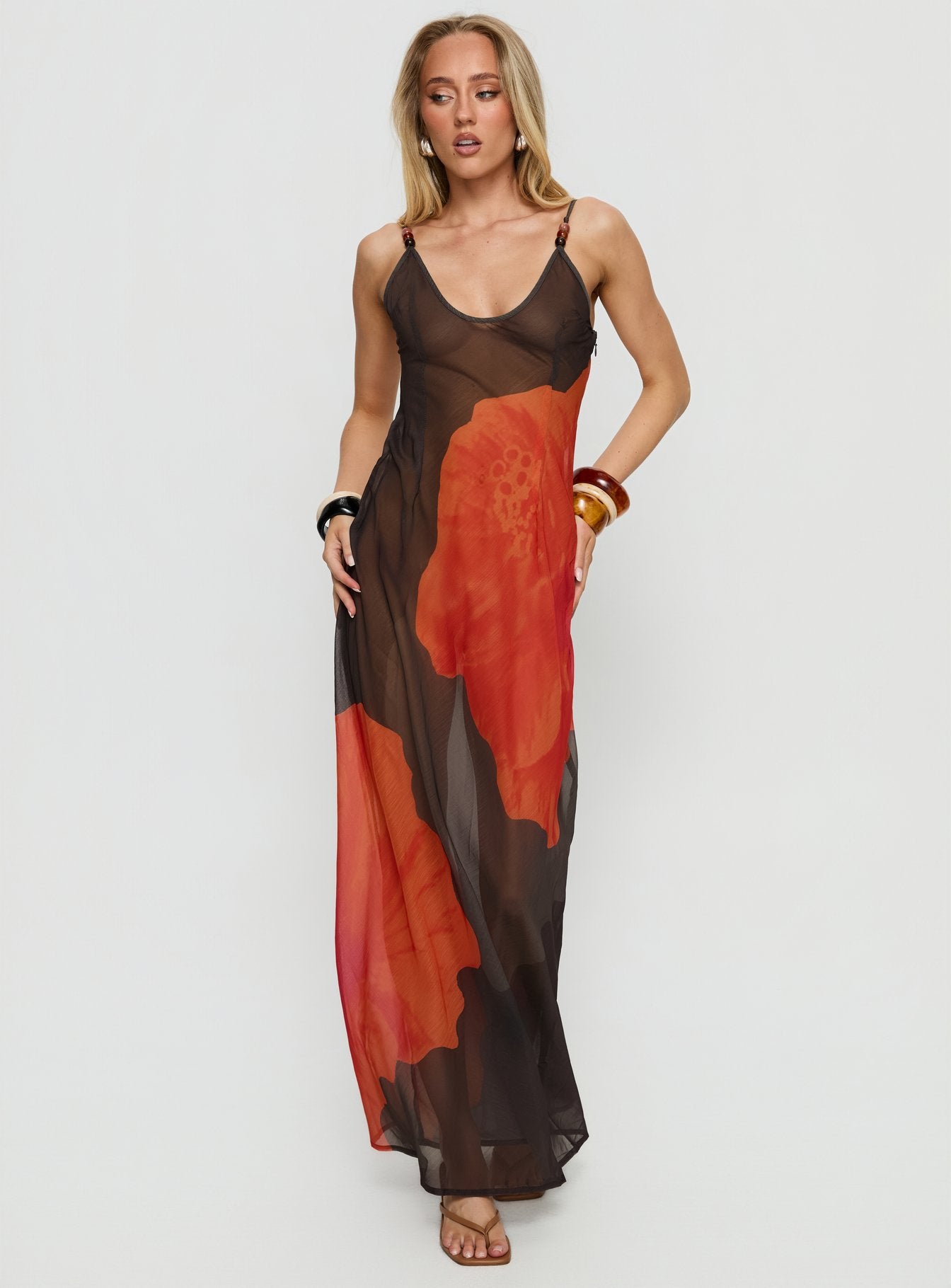 Carita Sheer Chiffon Maxi Dress Brown Orange Floral - Image 2