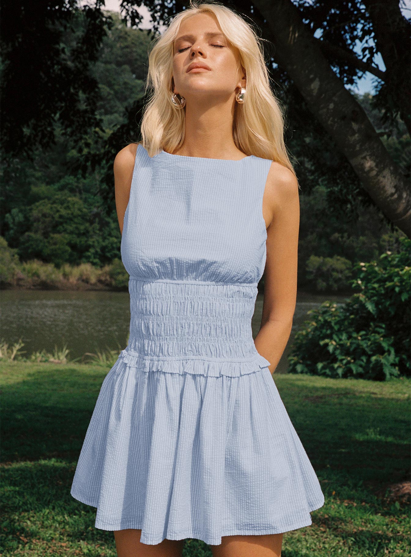 Yennifer Shirred Mini Dress Blue  White