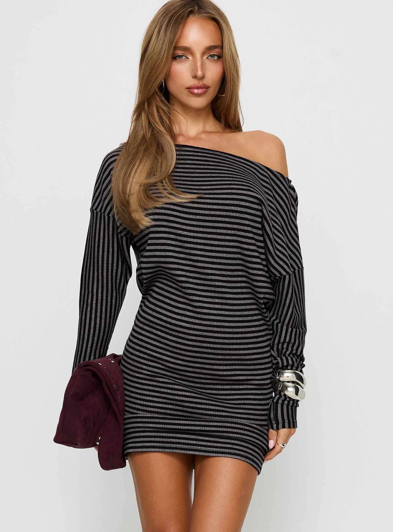 Alayne Long Sleeve Knit Mini Dress Black Grey Stripe - Image 2