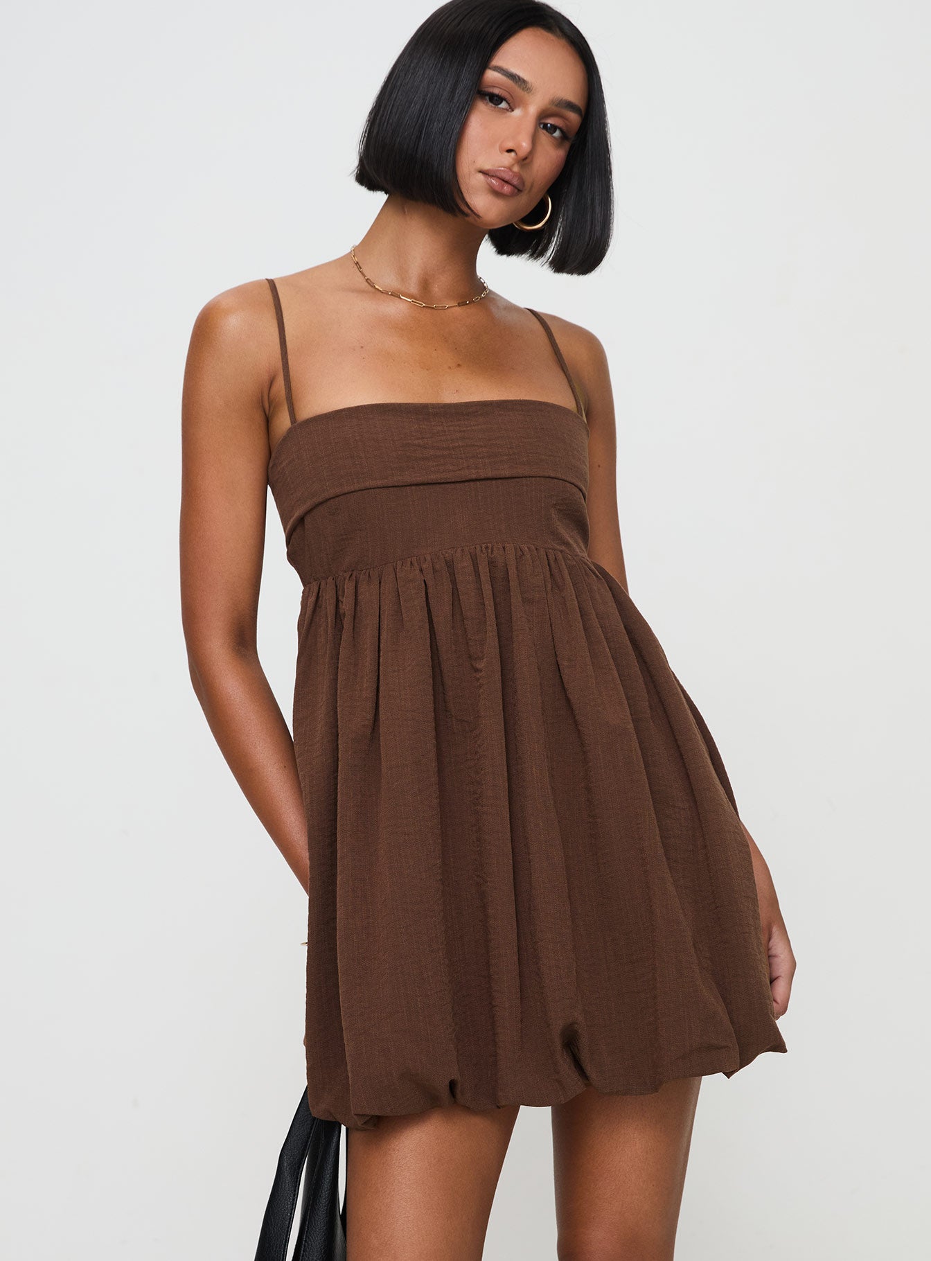 Layken Bubble Hem Mini Dress Chocolate - Image 2