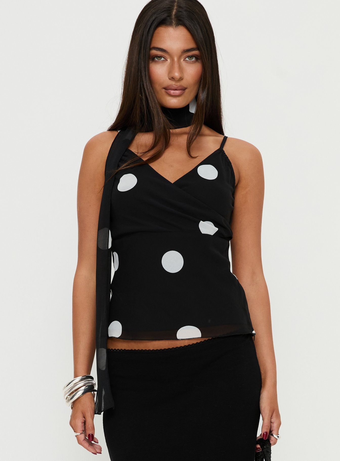 Jenae Scarf Detail Cami Top Black White Polka - Image 2