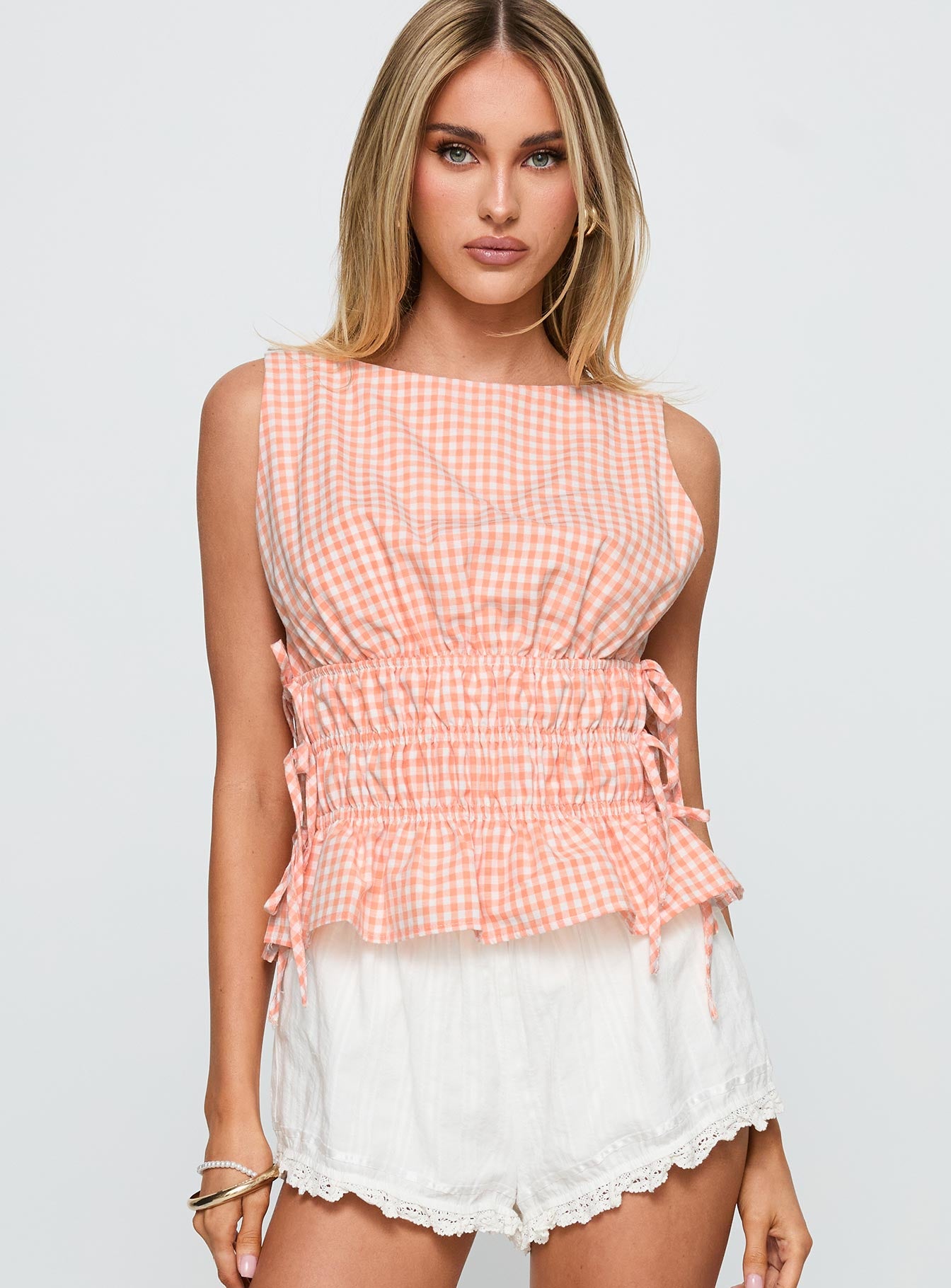 Antiqued Tie Side Top Orange Check - Image 2
