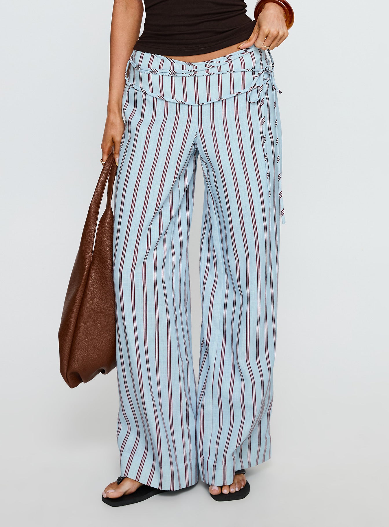 Silver Moon Linen Blend Tie Pants Blue Maroon Stripe - Image 2