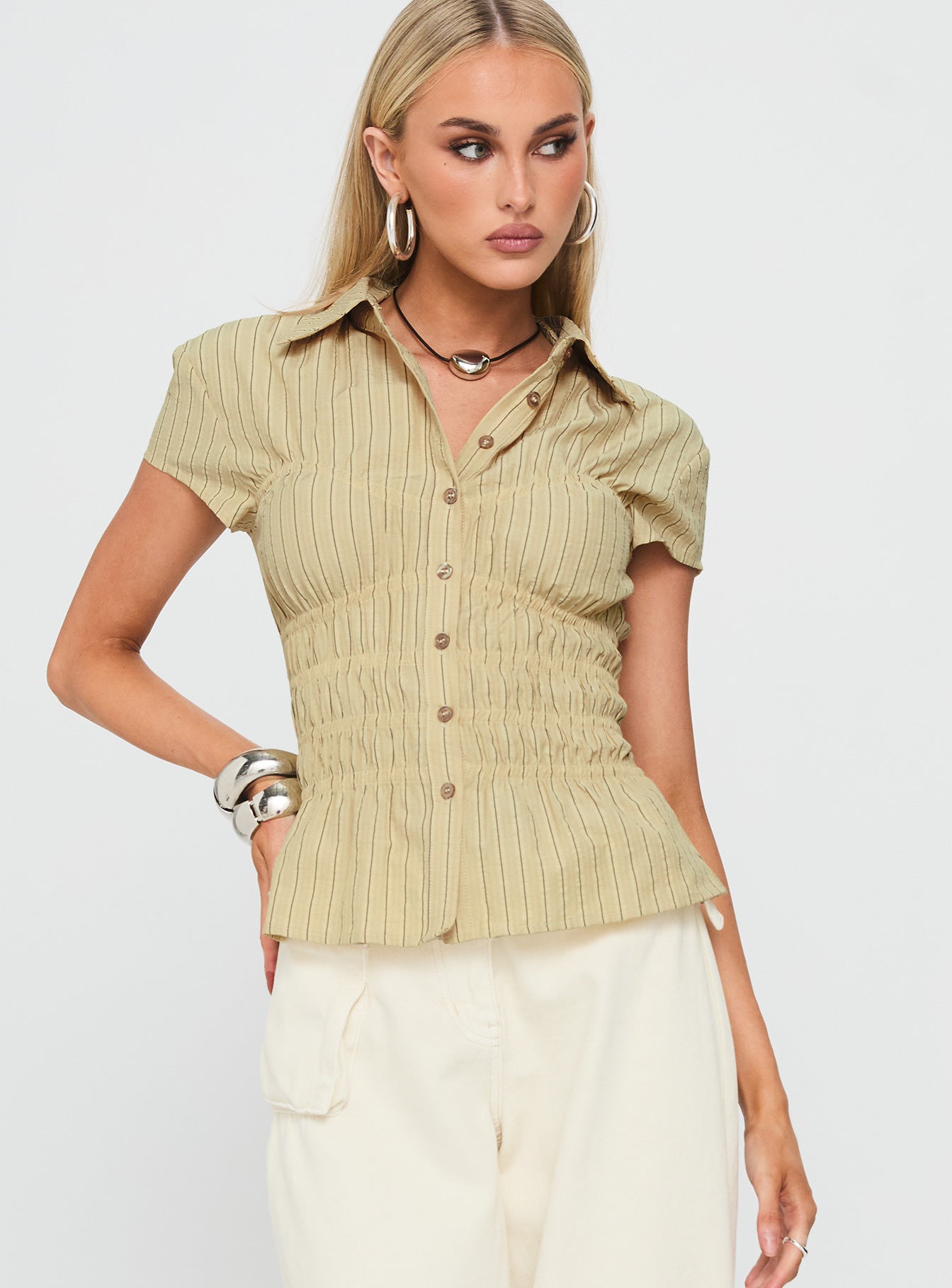 Liesel Shirred Short Sleeve Top Butter Stripe - Image 2