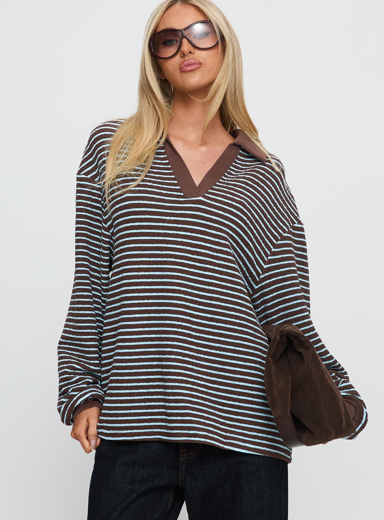 Rigbys Collared Jumper Brown Blue Stripe - Image 2