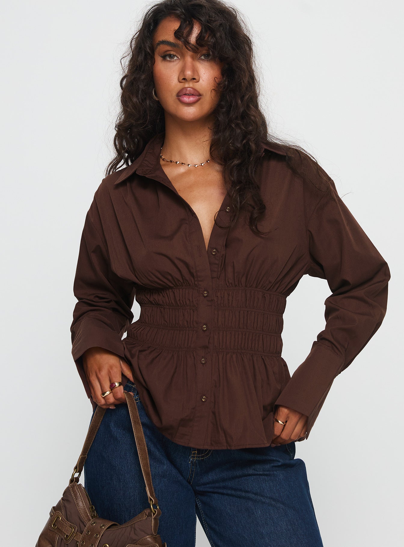 As You Are Shirred Button Up Top Chocolate - Image 2