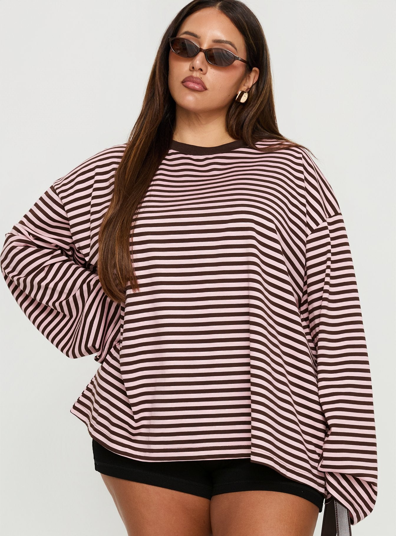 Settle Down Long Sleeve Top Pink Brown Stripe Curve - Image 2