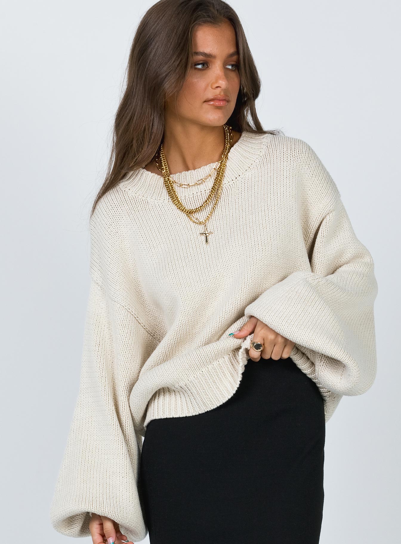 Harmony Balloon Sleeve Knit Sweater Beige - Image 2