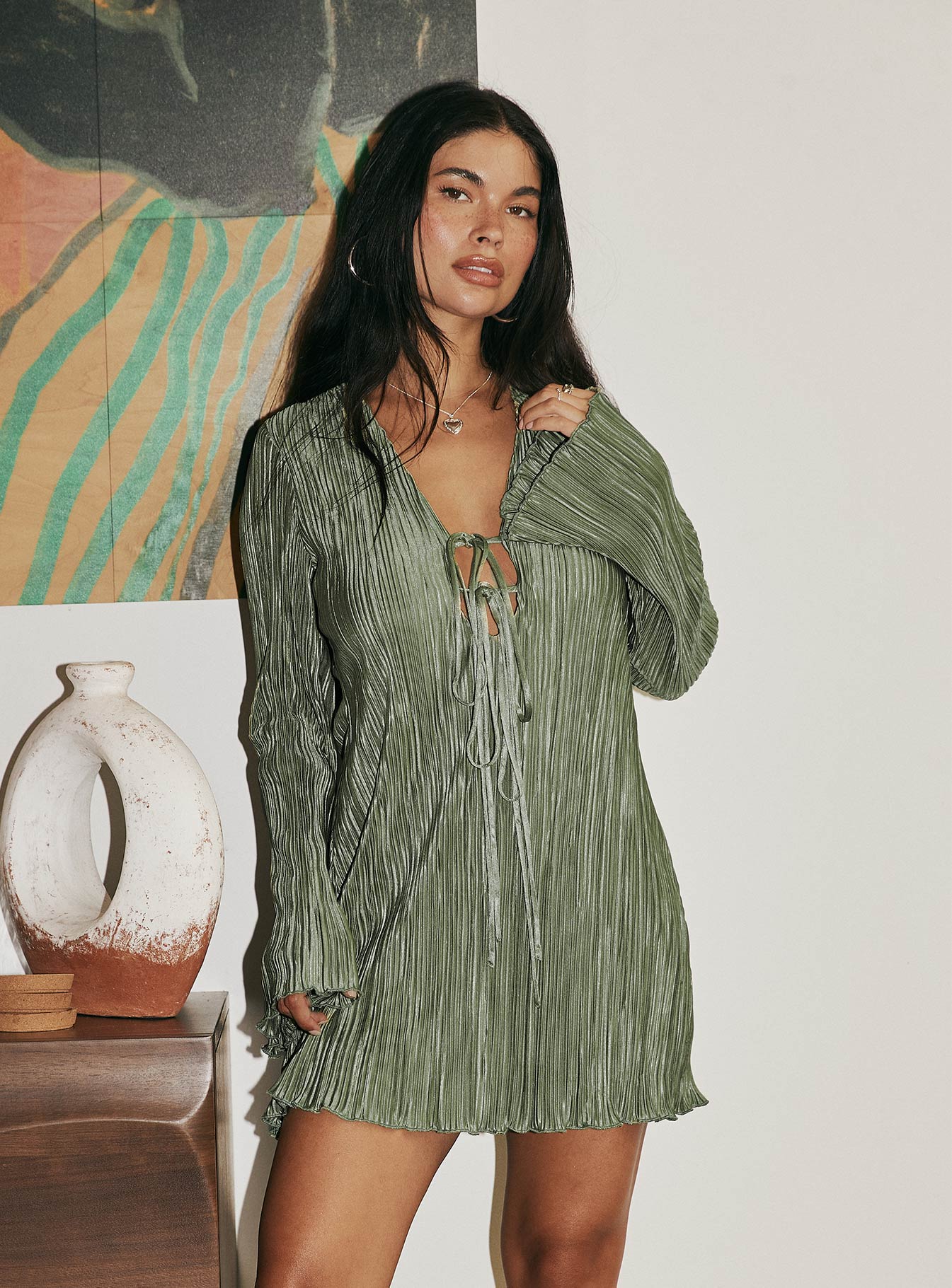Malop Long Sleeve Mini Dress Sage - Image 2