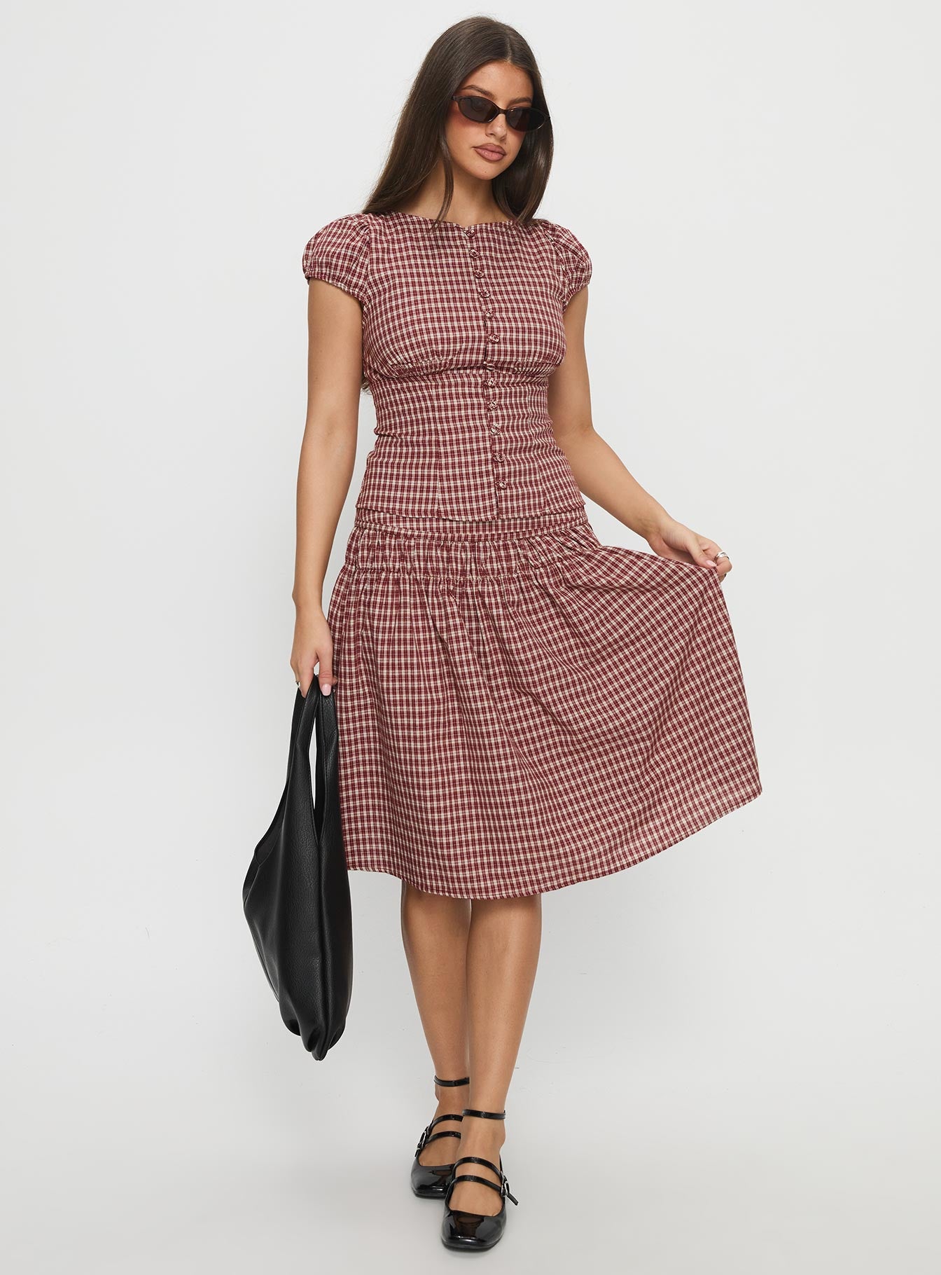 Alixandra Ruched Midi Skirt Red Check - Image 3