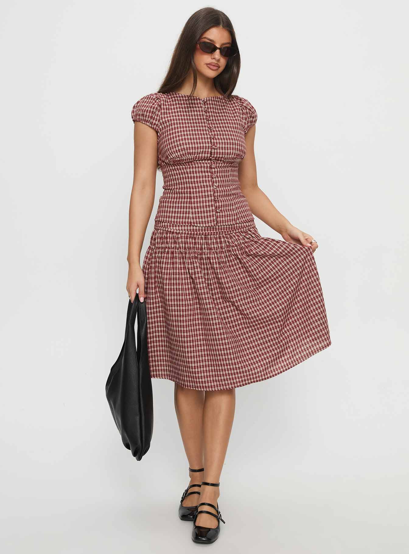 Alixandra Puff Sleeve Blouse Top Red Check - Image 3