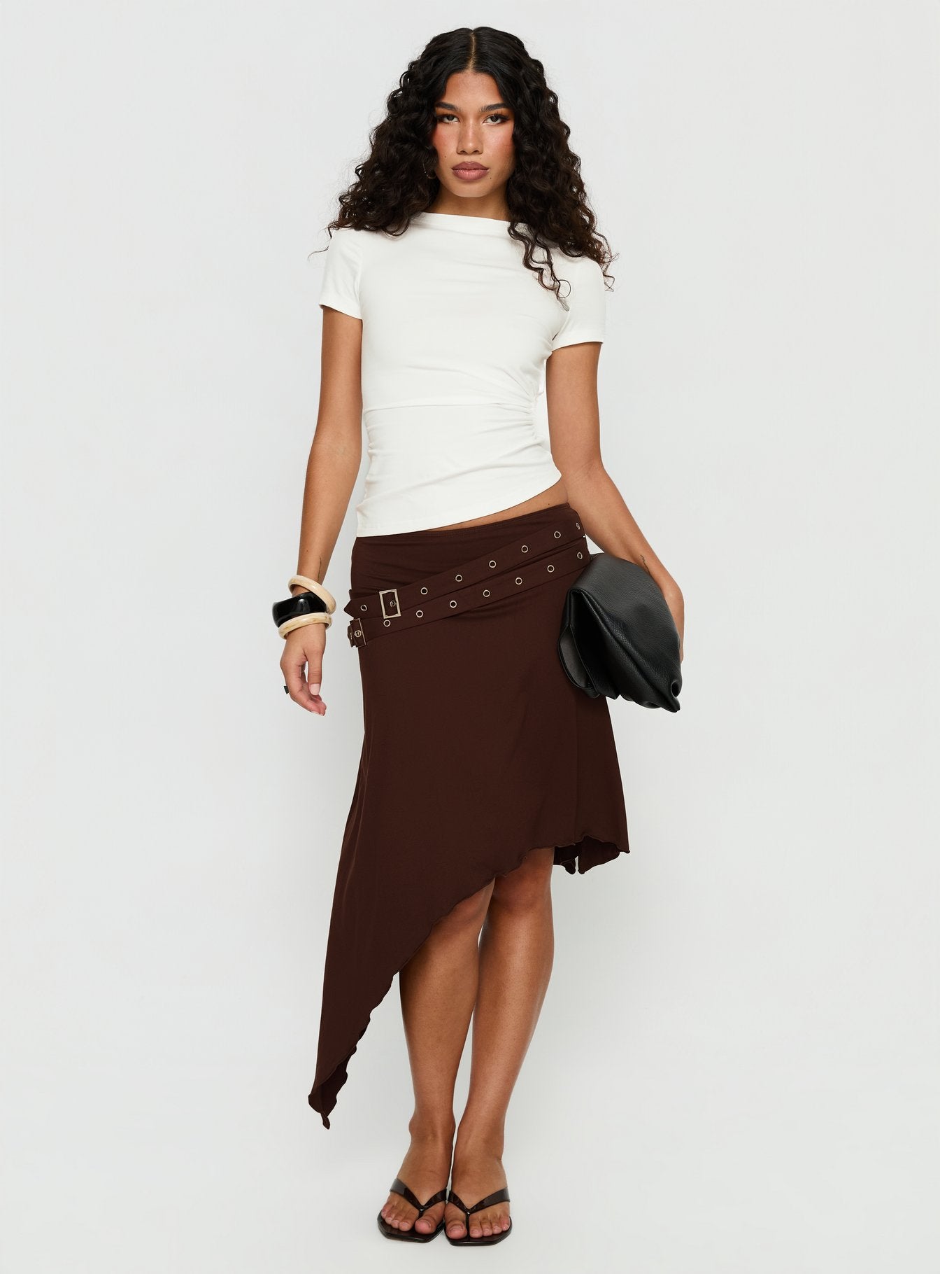 Lorensa Double Buckle Asymmetrical Midi Skirt Brown - Image 3