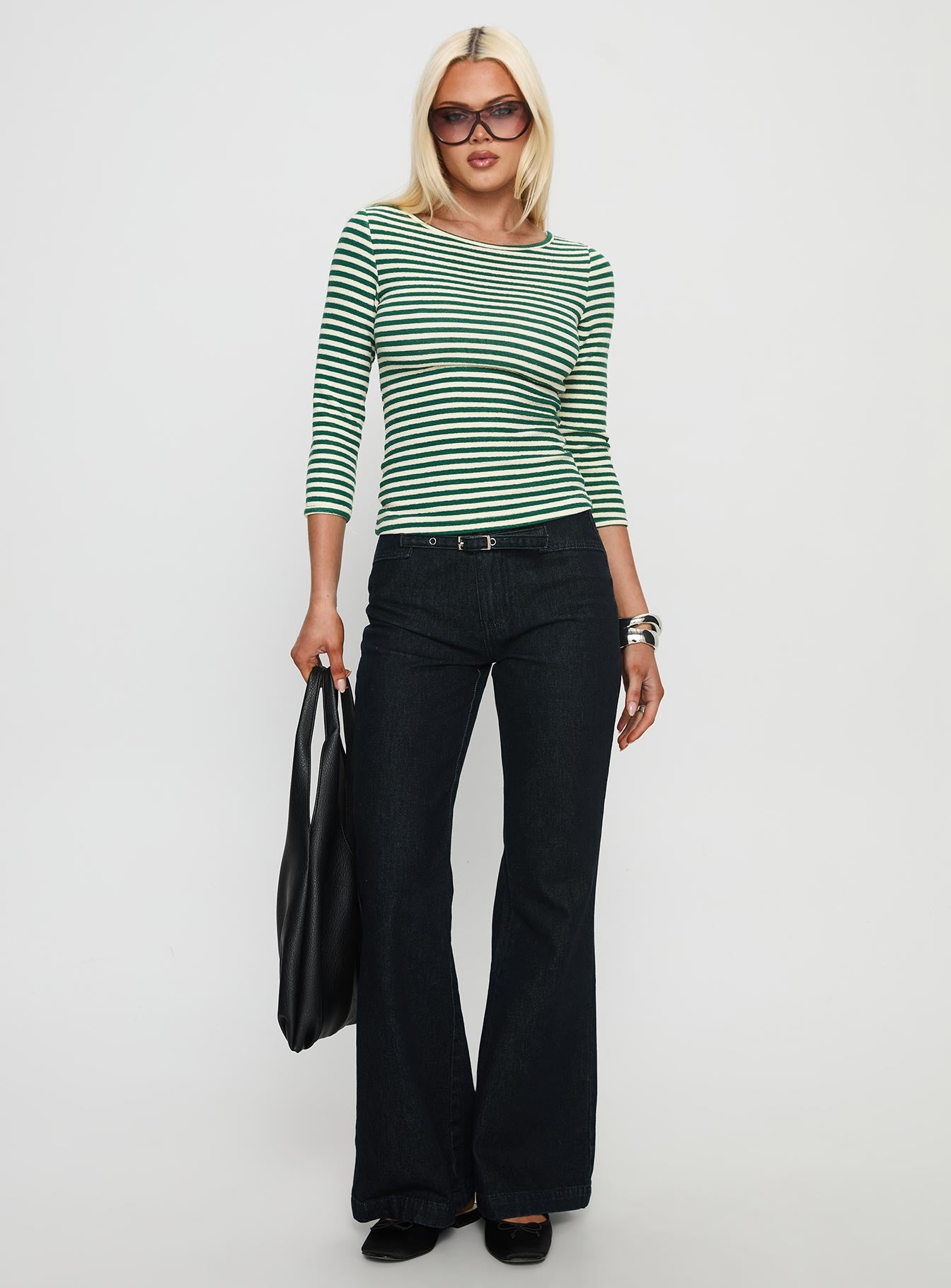 Missouri 34 Sleeve Textured Top Green Stripe - Image 3
