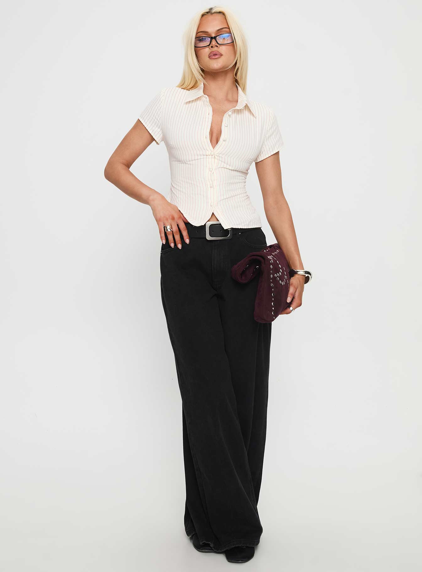 Lift Off Button Up Top White Red Stripe - Image 3
