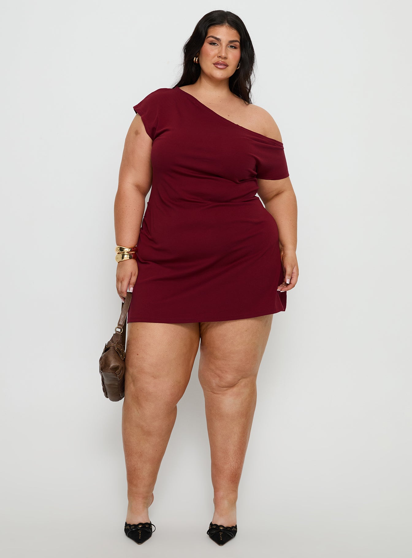 Prestige One Shoulder Mini Dress Burgundy Curve - Image 3