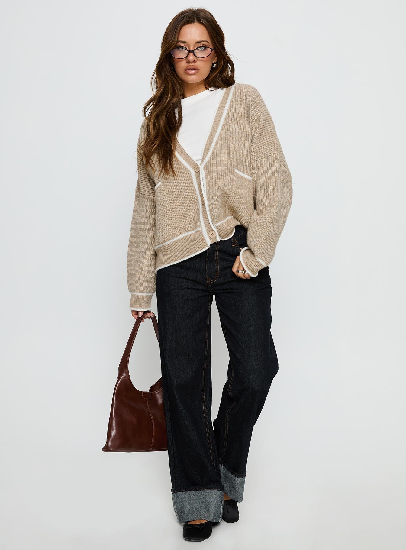 Cressara Contrast Knit Cardigan Beige White - Image 3